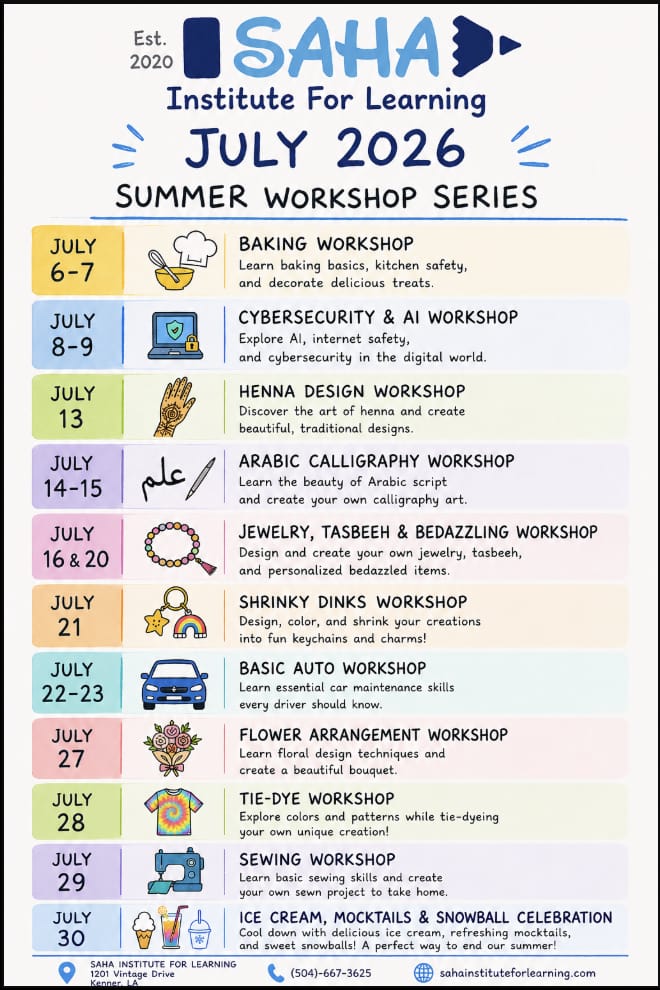 July 2026 Summer Workshop Series flyer with all eleven workshops and dates